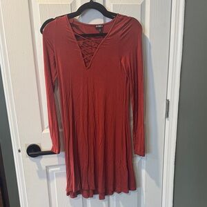 Express Long Sleeve Crisscross V-Neck Dress in Rust